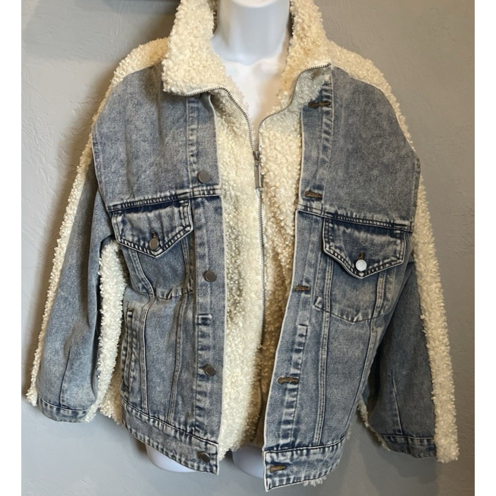Denim Blue Jean Sherpa Fleece Trucker Jacket Womens XS Coat Oversized [BLANKNYC]